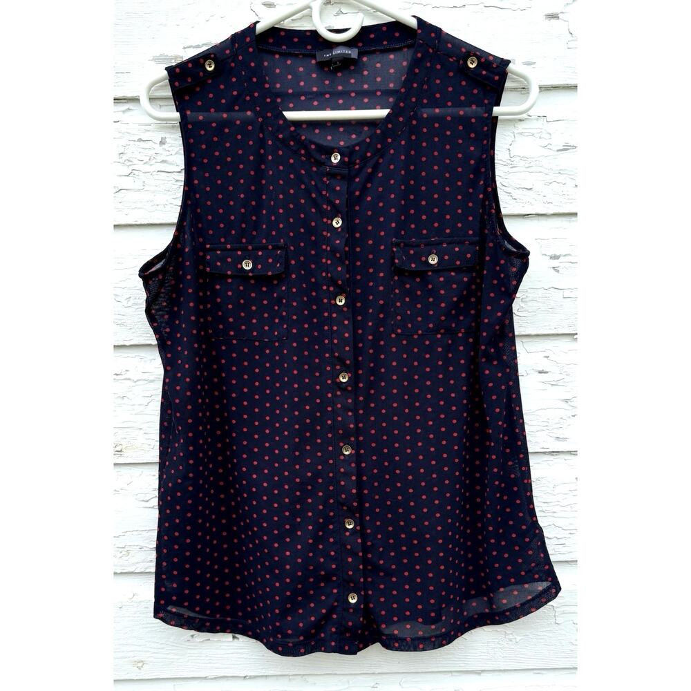 Limited Tank Top Blue Red Polka Dot Mesh Stretch Button Front Size L Sleeveless